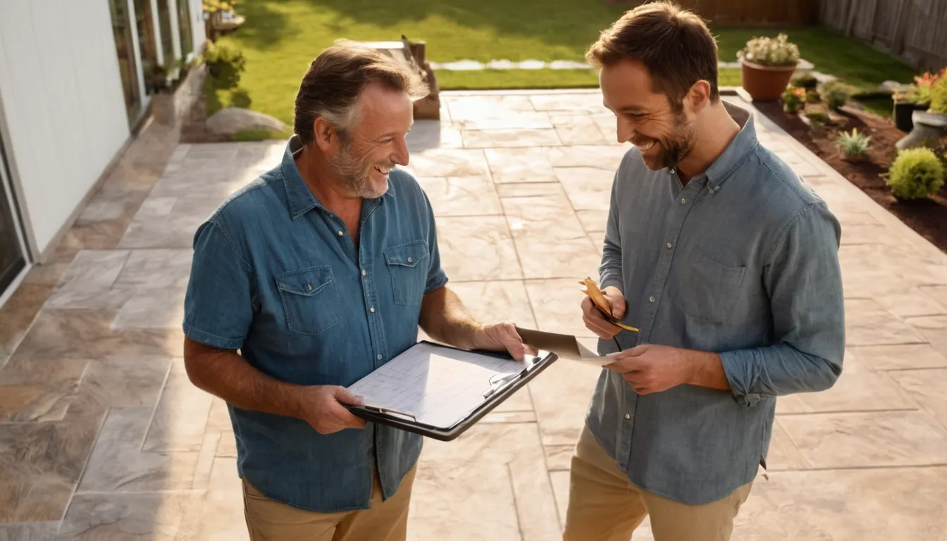 Homeowner reviewing a concrete patio plan in the Haymarket area